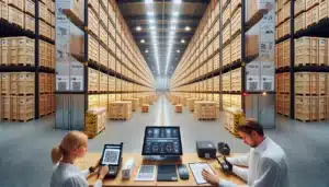 Climate controlled norwegian warehouse with sealed storage crates and movers scanning qr labels