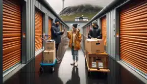 Couple compares prices while loading boxes into a rainy bergen storage unit