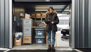 Customer using app at temperate norwegian storage unit with labeled boxes