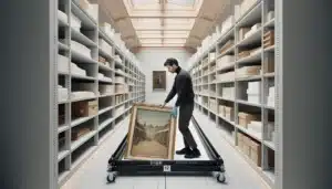 Gloved conservator stores framed paintings in a climate controlled norwegian art room