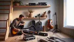 Nordic apartment corner storing instruments properly with climate control and cases