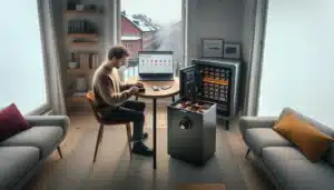 Norwegian adult organizing assets with documents safe and laptop during divorce