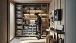 Norwegian eco friendly storage room with recycled shelves charging electric van and solar panels