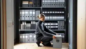 Norwegian home archive with metal shelves acid free boxes labeled folders