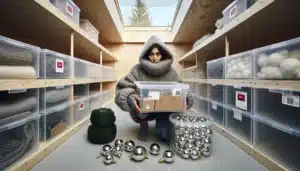 Norwegian home storage with labeled boxes wreath bag and organized christmas decor