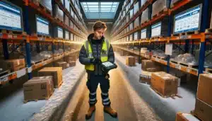 Norwegian warehouse worker scanning inventory with real time app amid organized racks