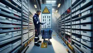 Norwegian workshop with labeled tool storage battery charging area and safety zones