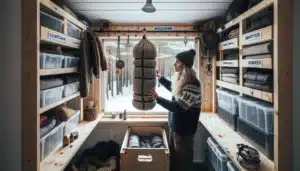 Organized norwegian garage storing camping gear safely for winter with labels