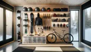 Organized norwegian gear room with skis bike balls and wetsuit stored safely