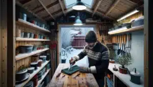 Organized norwegian shed storing garden tools and plants safely for winter