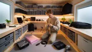 Organized norwegian storage room safely packing electronics cables and batteries