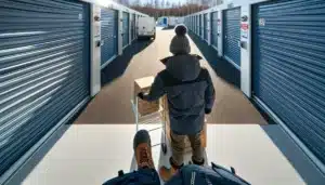 Person loading boxes into oslo self storage with van and container units