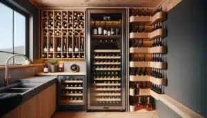Scandinavian home nook with multi zone wine fridge racks and beverage cooler