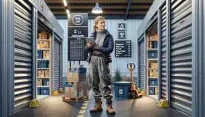 Small business owner assessing norwegian self storage with ramp shelving and security