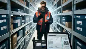 Worker in norwegian storage room scanning barcodes for a digital inventory